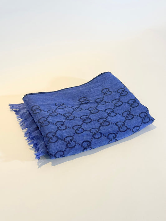 Gucci GG Monogram Blue Silk and Wool Scarf